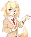  alternate_species amelia_watson anthro biped blonde_hair blue_eyes canid clothed clothing cute_fangs eyebrow_through_hair eyebrows female furrification hair hololive hololive_en mammal necktie open_mouth pawpads pink_pawpads simple_background solo translucent translucent_hair virtual_youtuber vtuber white_background yoako 
