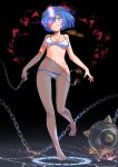  absurdres ass_visible_through_thighs bare_arms bare_shoulders barefoot bikini blood blood_on_face blood_splatter blue_eyes blue_hair breasts breasts_apart burning_clothes chain cleavage collarbone crazy_eyes crazy_smile fire flail full_body glowing_horns groin hair_ornament hair_over_eyes highres holding_flail horns kagami_(haret46) magic_circle medium_breasts midriff navel one_eye_covered re:zero_kara_hajimeru_isekai_seikatsu rem_(re:zero) shadow short_hair single_horn sparks standing standing_on_one_leg stomach swimsuit weapon white_bikini x_hair_ornament 