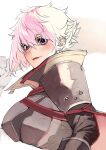  1girl bangs blush breasts cleavage code_vein female_protagonist_(code_vein) hair_between_eyes highres large_breasts looking_at_viewer open_mouth pink_hair popnmusic17 purple_eyes short_hair simple_background smile solo very_short_hair white_background 