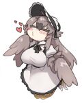  1girl bangs bird_legs black_souls blowing_kiss blush blush_stickers breasts brown_feathers brown_hair brown_wings closed_eyes dodo_(black_souls) dress eyebrows eyebrows_visible_through_hair feathered_wings frilled_dress frills hair_between_eyes harpy heart large_breasts long_hair monster_girl nyong_nyong puckered_lips sidelocks simple_background solo talons very_long_hair white_background white_dress winged_arms wings 