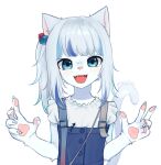  alternate_species anthro biped blue_eyes blush clothed clothing domestic_cat felid feline felis female fur furrification gawr_gura hair highlights_(coloring) hololive hololive_en long_hair mammal open_mouth open_smile overalls pawpads pink_pawpads sharp_teeth simple_background smile solo teeth tongue virtual_youtuber vtuber white_background white_body white_fur white_hair yoako 