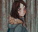  bangs birch blood blood_on_face blue_eyes brown_hair character_request coat copyright_request forest fur-trimmed_coat fur_trim grey_coat hood hood_down hooded_coat io_(onisarashi) long_hair looking_at_viewer looking_to_the_side nature parted_bangs smile tree 