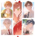  1girl 4boys :d artem_wing_(tears_of_themis) bangs black_shirt blue_eyes blue_sky border brown_eyes brown_hair closed_mouth coat coffee_mug cup dog_tags earphones earrings forehead glasses green_jacket green_necktie highres holding holding_cup jacket jewelry k83_4 key long_hair long_sleeves looking_at_viewer looking_to_the_side luke_pearce_(tears_of_themis) marius_von_hagen_(tears_of_themis) mug multiple_boys necklace necktie open_mouth petals polo_shirt purple_eyes purple_hair red_jacket red_necktie rosa_(tears_of_themis) shirt short_hair sky smile tears_of_themis vyn_richter_(tears_of_themis) white_border white_coat white_hair white_jacket white_shirt window yellow_eyes yellow_shirt 