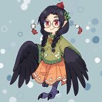  1girl bird_legs black_feathers black_hair black_wings blue_background braid commentary_request commission eyebrows_visible_through_hair full_body glasses green_sweater hair_ornament hair_over_shoulder harpy hat karasu_tengu_(monster_girl_encyclopedia) long_hair looking_at_viewer monster_girl monster_girl_encyclopedia orange_skirt pointy_ears red_eyes round_eyewear skeb_commission skirt smile solo standing standing_on_one_leg sweater talons tokin_hat twin_braids urotori winged_arms wings 