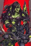  1girl armor arrow_(projectile) black_hair bow_(weapon) colored_skin commission female_orc green_skin karniz long_hair muscular muscular_female orc red_eyes scar shoulder_armor warcraft warrior weapon world_of_warcraft 