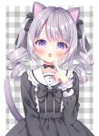  1girl :o animal_ears black_bow black_dress blush bow cat_ears cat_girl cat_tail collarbone dress drill_hair fang frilled_sailor_collar frills grey_hair hair_bow hand_up highres long_hair long_sleeves looking_at_viewer open_mouth original plaid plaid_background purple_eyes puu_(kari---ume) sailor_collar sailor_dress sleeves_past_wrists solo tail tail_raised twin_drills twintails watermark white_sailor_collar 