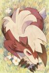  ambiguous_gender canid canine cheek_tuft claws facial_tuft feral finger_claws flower fur grass hi_res looking_at_viewer lycanroc lying mammal midnight_lycanroc nintendo plant pok&eacute;mon pok&eacute;mon_(species) red_body red_eyes red_fur ringed_eyes shaded solo tuft video_games white_body white_fur wood_sora 