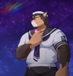 anthro brown_body brown_fur canid canine canis crystal domestic_dog eyebrows fur hi_res jewelry lifewonders live-a-hero male mammal muscular muscular_anthro muscular_male necklace pecs pubraseer sailor_hat sailor_uniform sitiraishi sky solo star starry_sky thick_eyebrows video_games 