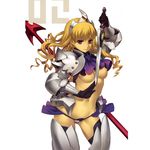  armor blonde_hair breasts curly_hair gloves hair_ornament long_hair lowleg lowleg_panties medium_breasts midriff nagi_ryou navel nipples no_bra panties purple_eyes s.e.c_03_armored_skin smile solo sword thighhighs underwear weapon 