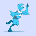  anthro avian bird clothed clothing feathers female phone seibear simple_background smile solo standing tweetfur 