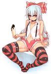  bangs blush bukkake cameltoe chocolate_banana choker cum cum_on_body cum_on_clothes cum_on_lower_body cum_on_upper_body facial fujiwara_no_mokou hair_ribbon highres jun_(rojiura_jack) legs long_hair navel red_eyes red_legwear ribbon sexually_suggestive short_shorts shorts sitting solo striped striped_legwear suspenders thighhighs thighs touhou white_hair 