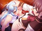  2girls ass black_legwear black_thighhighs blue_hair blush bottomless brown_eyes brown_hair censored cg embarrassed erect_nipples erection fellatio female from_above futa_on_female futa_with_female futanari girl hand_on_another's_head hand_on_head happy horny kashiwagi_tsumiki licking long_hair mahou_shoujo_isuka multiple_girls no_panties open_mouth oral penis school_uniform shaved_pussy short_hair smug tongue 