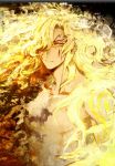  1boy abs artist_name bangs black_background blonde_hair closed_mouth disintegration fate/grand_order fate_(series) floating_hair frown glowing glowing_eyes goetia_(fate/grand_order) hair_over_one_eye half-closed_eyes light_particles long_hair looking_at_viewer male_focus messy_hair nude one_eye_covered onigiri_(hfyt2533) orange_eyes shatter sidelocks solo tattoo upper_body 