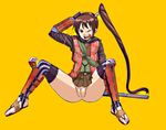  boots brown_hair capcom gloves japanese_clothes long_hair no_panties nude_filter onimusha open_mouth photoshop ponytail pussy red_eyes samurai spread_legs sword thigh_boots thighhighs uncensored weapon yagyu_jubei_akane 