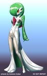  bodysuit breasts clothing do_not_distribute female furry gardevoir gradient gradient_background green_hair hair kemono_inukai large_breasts looking_at_viewer nintendo pok&#233;mon pok&#233;morph pokemon pussy red_eyes rubber simple_background solo tight_clothing video_games 