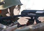  1girl absurdres artist_name assault_rifle bangs brown_eyes brown_hair camouflage camouflage_jacket closed_mouth eyebrows_visible_through_hair girls&#039;_frontline gun hair_between_eyes hat helmet highres holding holding_gun holding_weapon jacket long_hair looking_away military military_hat military_uniform profile rifle rsc solo trigger_discipline type_56-1_(girls&#039;_frontline) type_56_assault_rifle uniform upper_body weapon white_background 
