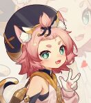  1girl :3 :d absurdres animal_ear_fluff animal_ears bangs_pinned_back bare_shoulders cat_ears cat_girl cat_tail child chinese_commentary diona_(genshin_impact) flat_chest forehead genshin_impact green_eyes hand_up hat heart highres looking_at_viewer open_mouth paw_print pink_hair short_hair smile solo tail tail_raised thick_eyebrows tied_hair upper_body vest weird_did_you_paint_today? 