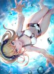  1girl air_bubble barefoot bikini blonde_hair breasts bubble cleavage floating_hair freediving green_eyes headphones highres inari_kei long_hair looking_at_viewer manon_(pso2) medium_breasts open_mouth phantasy_star phantasy_star_online_2 solo swimming swimsuit thigh_gap underwater upside-down white_bikini 