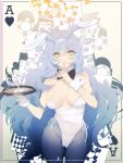 1girl animal_ears bangs bare_shoulders black_bow black_bowtie blue_legwear bow bowtie breasts card chips closed_mouth collarbone eyebrows_visible_through_hair fake_animal_ears feet_out_of_frame finger_to_mouth food girls&#039;_frontline hair_between_eyes highres holding holding_tray large_breasts light_blue_hair long_hair looking_at_viewer pantyhose playboy_bunny rabb_horn rabbit_ears smile solo standing tar-21_(girls&#039;_frontline) tray yellow_eyes 