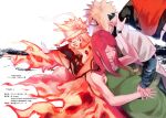  1girl 2boys apron blonde_hair closed_mouth commentary_request family father_and_son forehead_protector highres konohagakure_symbol kurama_(naruto) long_hair mother_and_son multiple_boys namikaze_minato naruto_(series) naruto_shippuuden parted_lips pregnant red_hair short_hair smile uzumaki_kushina uzumaki_naruto very_long_hair web_address zifletts 