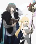  1boy 1girl ahoge artoria_pendragon_(caster)_(fate) artoria_pendragon_(fate) bangs bare_shoulders black_pants blonde_hair blue_eyes book cape cloak collared_shirt commentary_request diamond_hairband dress fate/grand_order fate_(series) fur-trimmed_cloak fur_trim gloves green_eyes grey_gloves grey_hair hair_between_eyes hand_in_hair height_difference highres holding holding_book holding_staff holding_weapon insect_wings long_hair long_sleeves looking_away medium_hair ne_f_g_o oberon_(fate) open_mouth pants pocket shirt sidelocks simple_background sleeveless sleeveless_dress smile spoilers staff teeth tongue twintails upper_body upper_teeth very_long_hair weapon white_background white_dress white_shirt wings 