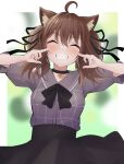  1girl ^_^ absurdres ahoge animal_ear_fluff animal_ears black_bow black_choker black_ribbon black_skirt blurry blurry_background blush bow breasts brown_hair cat_ears choker closed_eyes collared_shirt commentary depth_of_field facing_viewer grey_shirt grin hair_ribbon hands_up highres hololive natsuiro_matsuri puffy_short_sleeves puffy_sleeves ribbon rururaroru shirt short_sleeves skirt small_breasts smile solo twintails virtual_youtuber 