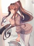  1girl blurry blurry_background breasts brown_eyes brown_hair brown_sweater bucket cleaning_brush closed_mouth commentary_request eyebrows_visible_through_hair flower hair_between_eyes hair_flower hair_intakes hair_ornament highres holding indoors kantai_collection kasumi_(skchkko) large_breasts long_hair looking_at_viewer official_alternate_costume pants pink_flower ponytail ribbed_sweater scrunchie smile solo sweater very_long_hair white_pants yamato_(kancolle) 