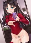  1girl aqua_eyes asle bangs black_hair black_legwear black_ribbon blurry blurry_background blush bottomless breasts cellphone commentary embarrassed fate/stay_night fate_(series) female_pubic_hair furrowed_brow hair_ribbon holding holding_phone long_hair long_sleeves looking_at_viewer mirror one_finger_selfie_challenge open_mouth phone print_sweater pubic_hair red_sweater reflection ribbon small_breasts smartphone solo sweat sweatdrop sweater thigh_gap thighhighs thighs tohsaka_rin two_side_up 