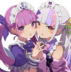  2girls :o ahoge bangs bare_shoulders blue_hair blue_nails blunt_bangs blush bow bowtie braid breasts chromatic_aberration colored_inner_hair dress eyebrows_visible_through_hair hair_ornament hair_ribbon hat heads_together highres holding_hands hololive interlocked_fingers long_hair long_sleeves looking_at_viewer maid maid_headdress md5_mismatch minato_aqua multicolored_hair multiple_girls murasaki_shion nail_polish open_mouth pink_bow pink_bowtie pink_hair purple_bow purple_bowtie purple_eyes purple_hair remini_(scenceremini) ribbon silver_hair simple_background small_breasts streaked_hair twintails two-tone_hair upper_body virtual_youtuber white_background wrist_cuffs yellow_eyes 
