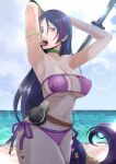  1girl armlet armpits arms_up bangs beach beads bikini breasts choker commentary cowboy_shot eyepatch_bikini fate/grand_order fate_(series) hair_between_eyes highres large_breasts licking licking_armpit long_hair looking_at_viewer low-tied_long_hair midriff minamoto_no_raikou_(fate) minamoto_no_raikou_(swimsuit_lancer)_(fate) navel okashizuru parted_bangs purple_bikini purple_eyes purple_hair side-tie_bikini solo standing strapless strapless_bikini swimsuit sword tongue tongue_out very_long_hair water weapon 