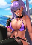  1girl bb_(fate) bb_(swimsuit_mooncancer)_(fate) bead_bracelet beads belt bikini black_garter_belt black_gloves black_legwear boots bracelet braid braided_ponytail breasts dark-skinned_female dark_skin fate/grand_order fate_(series) gloves gyaru hair_ornament high_heels highres huge_breasts jewelry micro_shorts navel purple_bikini purple_hair shigenohara_kitoha shorts smile solo star_(symbol) star_hair_ornament stomach studded_garter_belt swimsuit tan thigh_boots thighhighs white_belt 