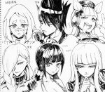  1boy 5girls animal_ears bandaid bandaid_on_nose bangs beard bikini blunt_bangs bow bowtie braid character_request collarbone collared_shirt commentary_request copyright_request danganronpa:_trigger_happy_havoc danganronpa_(series) danganronpa_v3:_killing_harmony facial_hair gender_request goatee gold_ship_(umamusume) hair_ornament hair_over_one_eye hair_ribbon hair_scrunchie hand_on_own_chin hand_up harukawa_maki hat highres horse_ears jacket kirigiri_kyouko long_hair long_tongue looking_at_viewer mole mole_under_eye momota_kaito multiple_girls necktie portrait ribbon scrunchie shiny shiny_hair shirt short_hair smile spiked_hair sweatdrop swimsuit thinking tongue tongue_out traditional_media translation_request tsunemi_aosa twintails umamusume 