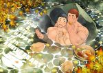  2boys :q abs absurdres anniversary bara blue_eyes blush commission couple eating from_above half-closed_eyes highres holding_hands interlocked_fingers large_pectorals leaning_on_person male_focus mature_male multiple_boys muscular muscular_male naked_towel naop_(anything) one_eye_closed onsen orange_hair original pectorals second-party_source shared_bathing short_hair sideburns thick_thighs thighs tongue tongue_out topless_male towel yaoi 