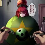  1girl ball ball_gag camera door earth_(ornament) gag hecatia_lapislazuli indoors kikoka_(mizuumi) looking_at_viewer one_eye_closed polos_crown red_eyes red_hair star_(symbol) touhou translation_request 