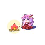  1girl :3 ajitsuki bangs blanket blush bow bowtie campfire chibi commentary_request crescent crescent_hat_ornament double_bun dress eating fire food hat hat_ornament holding holding_food holding_stick leaf mob_cap patchouli_knowledge pink_dress pink_headwear plaid_blanket purple_eyes purple_hair red_bow red_bowtie red_neckwear simple_background sitting solo stick striped striped_dress sweet_potato touhou twig vertical-striped_dress vertical_stripes white_background 