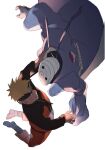  2boys black_gloves blonde_hair blue_eyes commentary_request facial_mark fighting forehead_protector gloves highres long_sleeves male_focus mask multiple_boys naruto_(series) naruto_shippuuden ninja pants short_hair uchiha_obito uchiha_symbol uzumaki_naruto whisker_markings wide_sleeves zifletts 