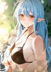  1girl absurdres ahoge amyu_(amm_asl_pa) bangs bikini black_bikini blue_hair blurry blurry_background blush breasts closed_mouth eyebrows_visible_through_hair from_side highres hololive looking_at_viewer off_shoulder pointy_ears shirt sideboob solo strap_gap swimsuit virtual_youtuber wet white_shirt yellow_eyes yukihana_lamy 
