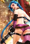  1girl ammunition arm_tattoo ass ass_tattoo back back_tattoo bandolier boots braid bullet elbow_gloves english_commentary esther floating_hair from_behind gatling_gun gloves gun holding holding_gun holding_weapon jinx_(league_of_legends) knee_boots league_of_legends lipstick long_hair looking_at_viewer looking_back makeup open_mouth pink_eyes pink_legwear pink_shorts shiny shiny_hair short_shorts shorts signature single_elbow_glove single_thighhigh smile solo tattoo teeth thigh_strap thighhighs twin_braids twintails upper_teeth very_long_hair weapon 