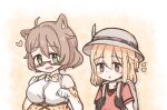  2girls :d :o animal_ear_fluff animal_ears black_gloves blonde_hair blush bow bowtie breasts brown_eyes brown_hair commentary cosplay dog_ears dog_girl dot_nose english_commentary glasses gloves green_eyes hat hat_feather heart helmet indie_virtual_youtuber kaban_(kemono_friends) kaban_(kemono_friends)_(cosplay) kemono_friends koragi koragi_(artist) large_breasts mint_castella multiple_girls paw_pose pith_helmet red-framed_eyewear red_shirt self-portrait semi-rimless_eyewear serval_(kemono_friends) serval_(kemono_friends)_(cosplay) serval_print shirt smile under-rim_eyewear virtual_youtuber 