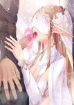  1boy 1girl breasts censored cleavage covered_eyes detached_sleeves earrings elf fellatio hetero jewelry kirishima_satoshi licking licking_penis light_brown_hair long_hair magic_circle open_mouth oral original penis pointy_ears saliva saliva_trail sidelocks solo_focus tongue tongue_out very_long_hair 