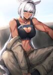  1girl animal_ears belt bikini black_halter_top blue_eyes blue_sky body_markings breasts brown_belt caenis_(fate) cleavage cloud dark-skinned_female dark_skin dog_tags fate/grand_order fate_(series) grey_jacket grey_pants hair_intakes highleg highleg_bikini jacket jacket_removed large_breasts long_hair pants sabamori sitting sky swimsuit white_hair 