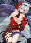  1girl absurdres aqua_panties arknights armpit_cutout armpits breasts closed_mouth clothing_cutout dress highres large_breasts long_hair looking_at_viewer lyib navel nipples panties red_eyes red_skirt self_upload skadi_(arknights) skadi_the_corrupting_heart_(arknights) skirt solo tentacles underwear very_long_hair white_hair 