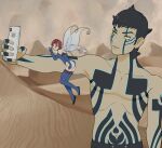  1boy 1girl black_hair cellphone desert elbow_gloves fairy flying full-body_tattoo giganticbuddha gloves highres hitoshura holding holding_phone leotard midriff minigirl outdoors outstretched_arm pants phone pixie_(megami_tensei) pointy_ears red_eyes red_hair sand selfie shin_megami_tensei shin_megami_tensei_iii:_nocturne short_hair size_difference smartphone standing tattoo thighhighs topless_male v wings yellow_eyes 