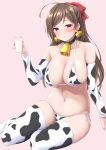  1girl ahoge alternate_costume animal_print arm_warmers bangs bell bikini blush bow breasts brown_hair cleavage closed_mouth commentary_request cow_print cowbell cup ear_tag hair_ornament hairclip highres holding holding_cup kantai_collection large_breasts long_hair looking_at_viewer mamiya_(kancolle) milk neck_bell pink_background red_bow red_eyes side-tie_bikini simple_background sitting solo swimsuit takomeshi thighhighs 