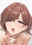  1girl black_choker blush brown_hair choker collarbone eyebrows_visible_through_hair fingernails from_above hands_on_own_chest highres higuchi_madoka idolmaster idolmaster_shiny_colors looking_at_viewer looking_up making-of mole mole_under_eye nude open_mouth purple_eyes short_hair simple_background solo tongue tongue_out v-shaped_eyebrows white_background yd_(orange_maru) 