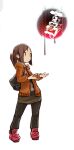  1girl astg backpack bag brown_eyes brown_hair eyebrows_visible_through_hair long_sleeves original ponytail skirt watermark white_background 