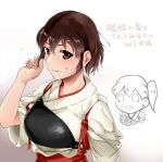  2girls akagi_(kancolle) alternate_hair_length alternate_hairstyle brown_eyes brown_hair hakama highres japanese_clothes kaga_(kancolle) kantai_collection maruse_nisanosuke multiple_girls muneate red_hakama short_hair short_sidetail side_ponytail straight_hair tasuki 