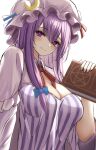  .me 1girl absurdres blush book breasts cleavage hat highres holding holding_book large_breasts long_hair mob_cap patchouli_knowledge purple_eyes purple_hair simple_background smile solo touhou white_background 