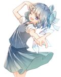  1girl ;d ahoge arm_up bangs blue_bow blue_dress blue_eyes blue_hair blush bow breasts bright_pupils cirno collared_shirt commentary_request dress eyebrows_visible_through_hair eyelashes fairy fang fingers hair_bow half_updo hand_on_own_chest highres hito_komoru ice ice_wings looking_at_viewer one_eye_closed open_mouth outstretched_arm pinafore_dress puffy_short_sleeves puffy_sleeves reaching_out shiny shiny_hair shirt short_hair short_sleeves skin_fang small_breasts smile solo standing touhou white_background white_pupils white_shirt wing_collar wings 