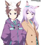  2girls animal_ears bangs blue_necktie brown_coat brown_hair buttons character_name clothes_writing coat commentary copyright_name ear_piercing eyebrows_visible_through_hair hands_in_pockets horse_ears horse_girl jacket long_hair long_sleeves looking_at_viewer mejiro_mcqueen_(umamusume) mejiro_ryan_(umamusume) multicolored_hair multiple_girls neck_ribbon necktie open_mouth piercing purple_eyes purple_hair purple_jacket ribbon shigino_sohuzi shirt short_hair simple_background smile umamusume upper_body white_background white_hair white_shirt 